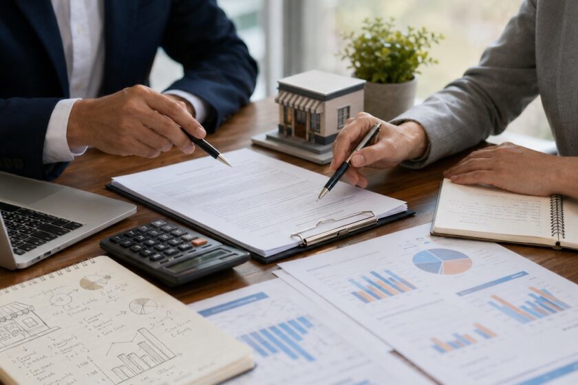 Professionisti che analizzano contratto e costi di un franchising