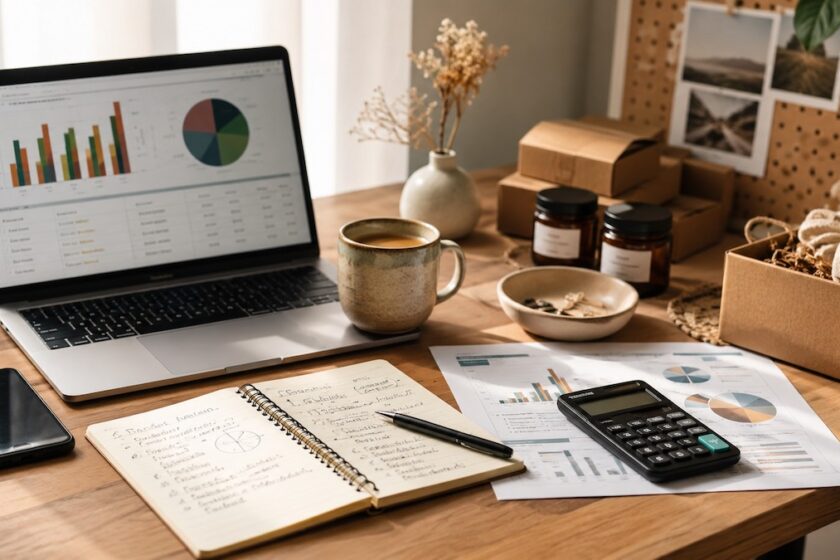 Scrivania con laptop, grafici e oggetti artigianali per idee di business redditizie