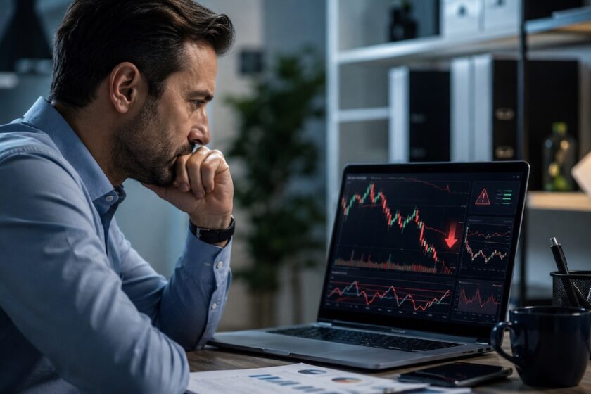 Persona che valuta i rischi delle opzioni binarie davanti a grafici di trading online