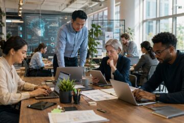 Professionisti digitali al lavoro con dashboard e strumenti AI per i nuovi lavori 2026