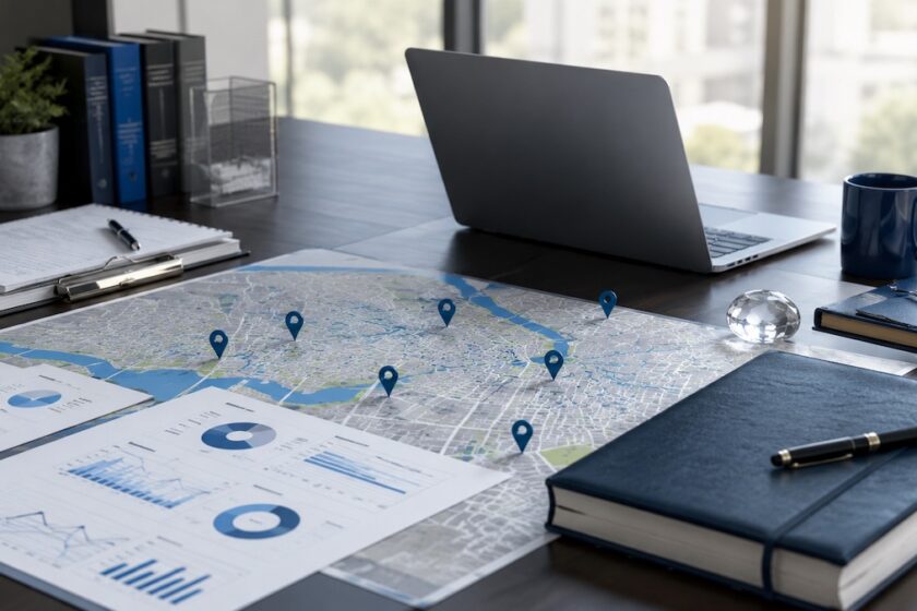 Mappa strategica con grafici e marker per pianificare lo sviluppo di una rete franchising
