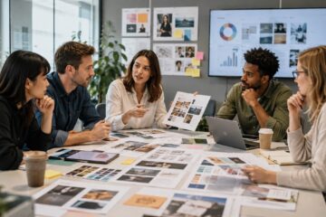 Team di agenzia pubblicitaria durante una riunione creativa con laptop e materiali di campagna