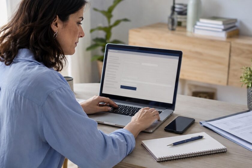 Donna compila dal laptop la causale di un bonifico tra privati