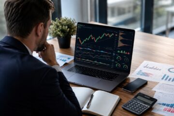 Trader analizza grafici finanziari e segnali di trading online su laptop