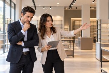 Titolare e consulente valutano un punto vendita in franchising